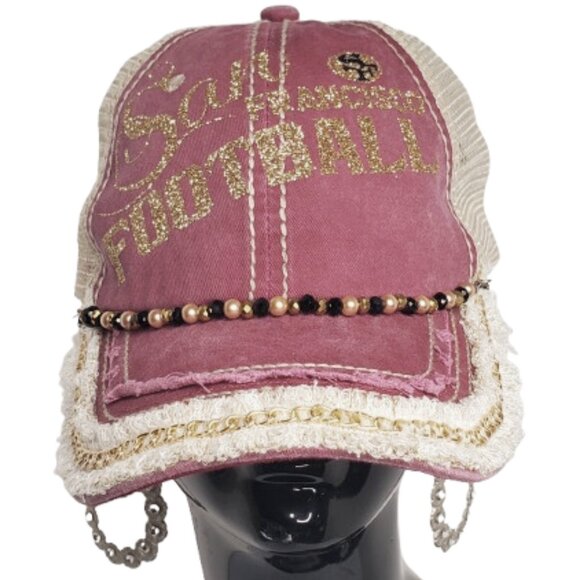 San Francisco Football Fitted Adj. Cap with Shiny Glitter, Beads & Swarovski Cry - Picture 1 of 6